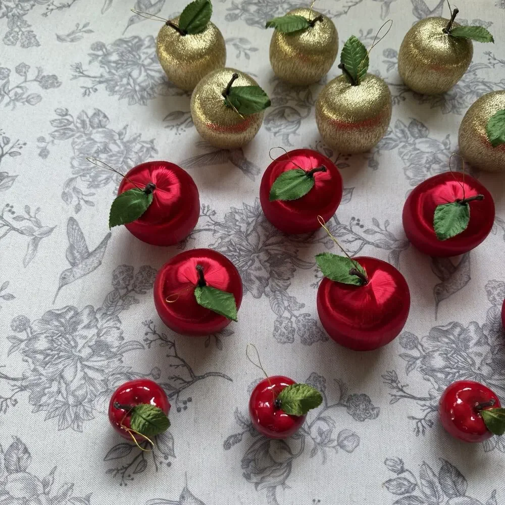 Vtg Christmas Ornaments Satin Wrapped Thread Apples Shiny Red Gold Lot 21 MCM